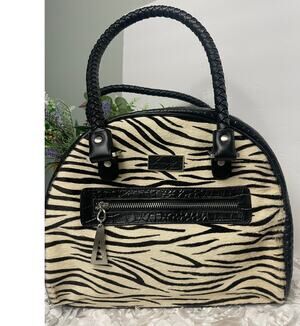 Isabella Adam's Black Pebbled Leather and Cream Zebra Print Bowler Bag